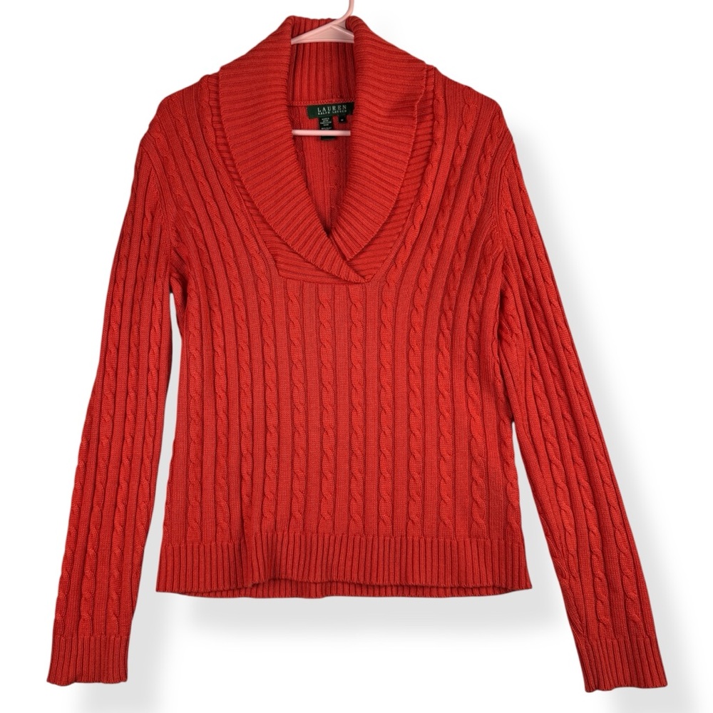 Lauren Ralph Lauren Sweater Womens Size M Medium Red Shawl‎ Collar Cable Knit